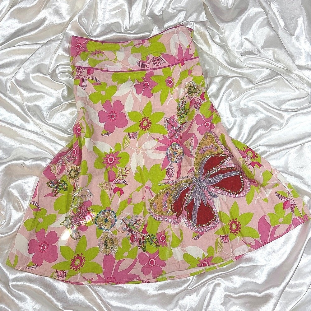 y2k Skirt Pink Excellent Persaman New York Butterfly Sequin Floral A-Line Size 6